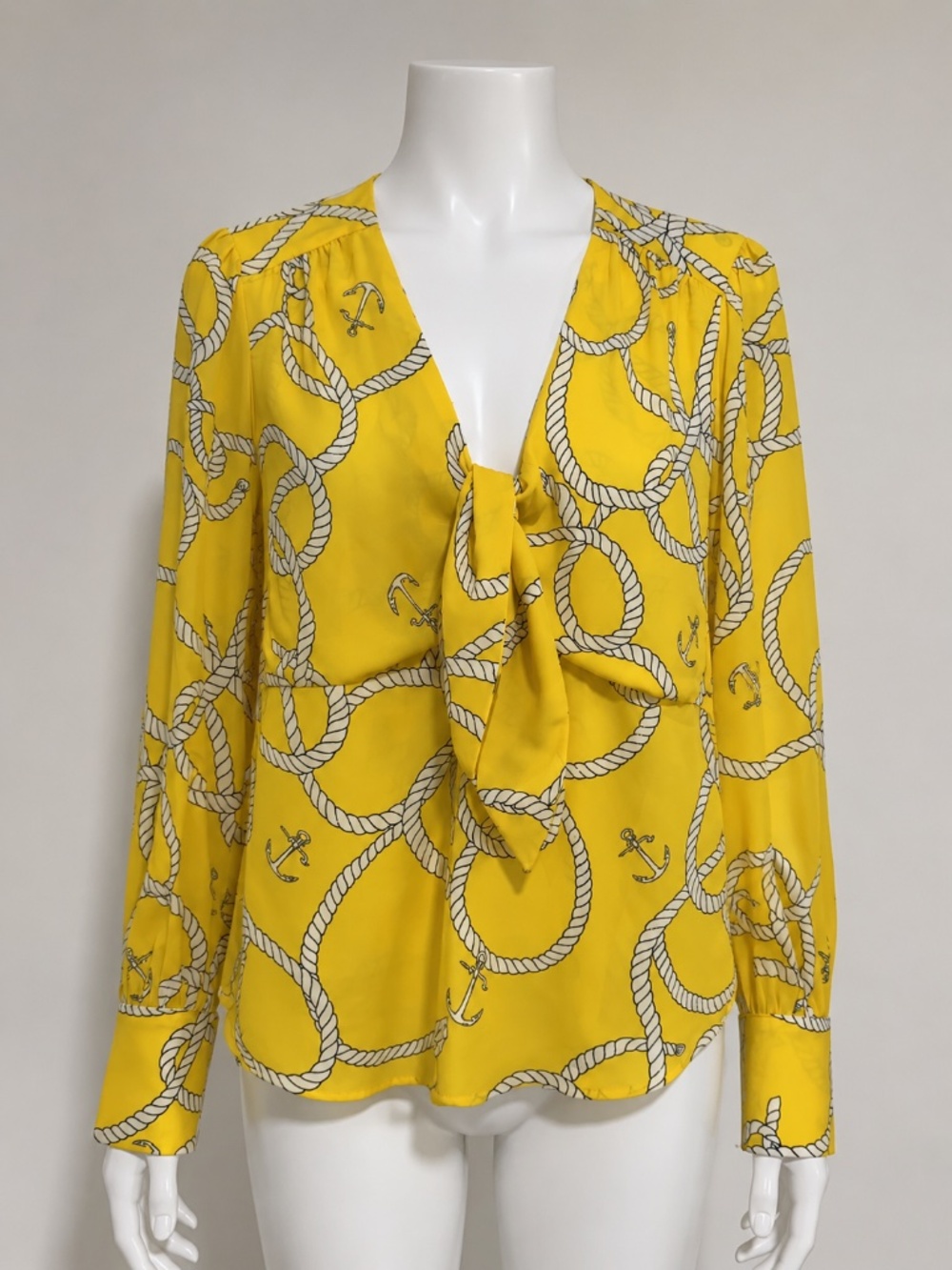 CABI 5707 Reef Knot Tie Neck Bow Nautical Anchors Yellow Blouse Top Size S